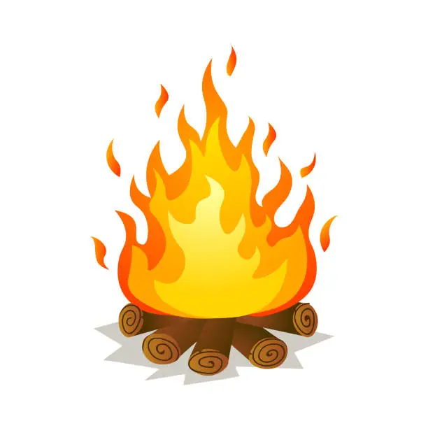 Vector illustration of Hot burning big flame campfire with tree woods