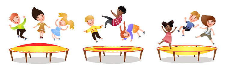 Set of cute, happy kids jump at big amusement trampoline. Cartoon style. Vector illustration on white background