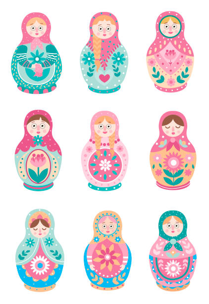 набор милой красочной русской традиционной гнездовья куклы - russian nesting doll illustrations stock illustrations