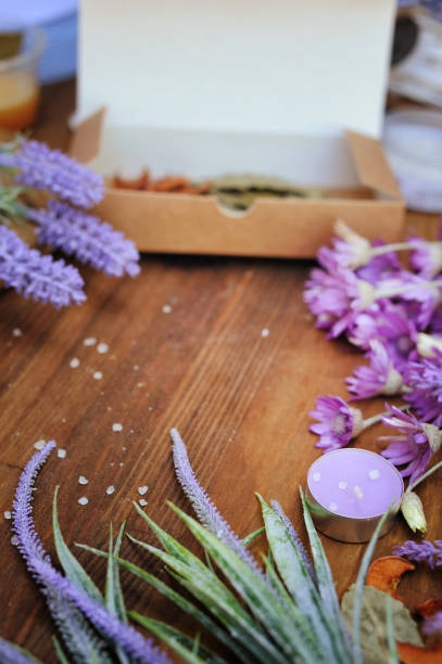 istock Copy space old wooden background with aromatic lavender 1207465815