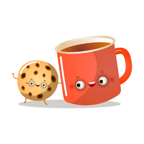 Vector illustration of Cute homemade cookie character is smiling with red coffee mug