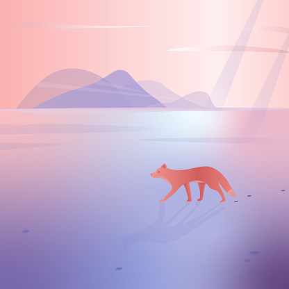 Snowy landscape with mountains on the background. The fox walks in the snow. Vector illustration.