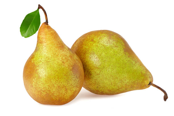 istock ripe green pears with leaf isolated on white background. 1207467205