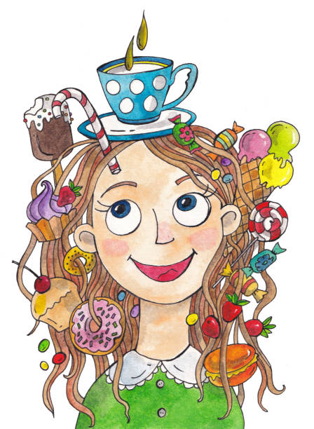 aquarell-illustration-porträt eines mädchens und süßigkeiten, kuchen und süßigkeiten in ihren haaren - child chocolate ice cream human mouth stock-grafiken, -clipart, -cartoons und -symbole