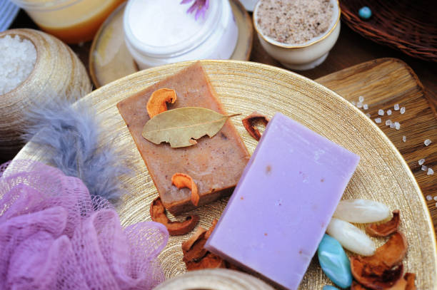istock Fruit and lavender handmade artisan soap, natural cosmetics concept 1207467973