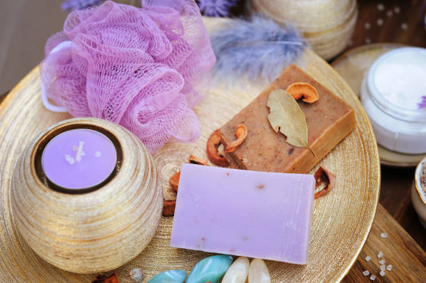 istock Fruit and lavender handmade artisan soap, lavender aromatic candle, spa set 1207468636
