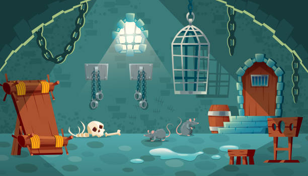 Vector medieval prison cell, game background Vector concept illustration with medieval prison cell. Castle dungeon, room for prisoners, interior with iron shackles on stone walls, pillory, empty bunks and hanging cage. Cartoon game background rat cage stock illustrations