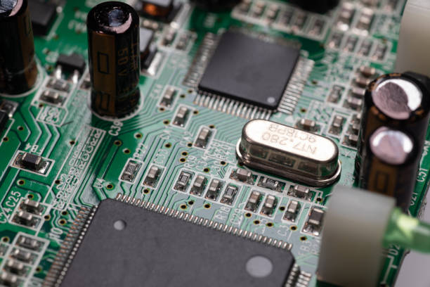 Pcb microchip integrated component on circuit board stock photo