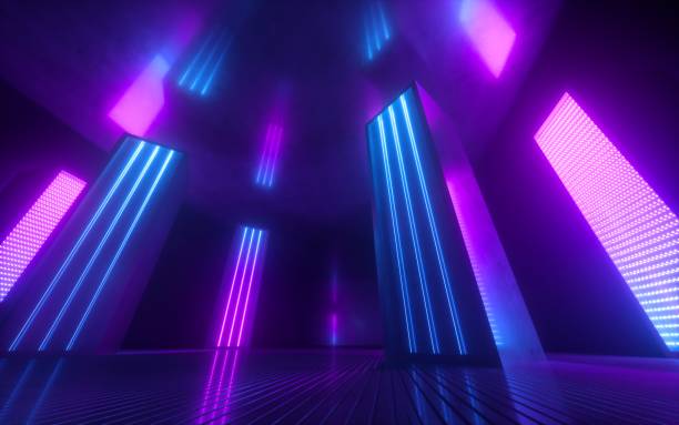 istock 3d render, blue pink violet neon abstract background, ultraviolet light, night club empty room interior, tunnel or corridor, glowing panels, fashion podium, performance stage decorations 1207470510
