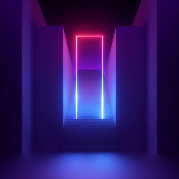 istock 3d render, abstract modern minimal ultraviolet background, red blue neon light glowing rectangular frame. Empty staircase perspective, architectural portal entrance. Futuristic urban concept 1207470532