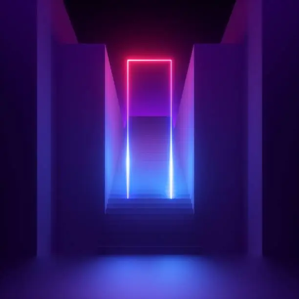 Photo of 3d render, abstract modern minimal ultraviolet background, red blue neon light glowing rectangular frame. Empty staircase perspective, architectural portal entrance. Futuristic urban concept