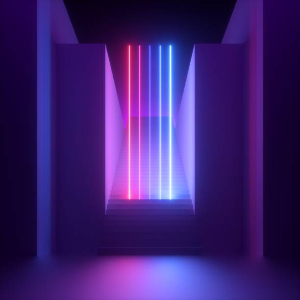 istock 3d render, abstract modern minimal ultraviolet background, red blue neon light glowing vertical lines. Empty staircase perspective, architectural portal. Futuristic urban concept 1207470571