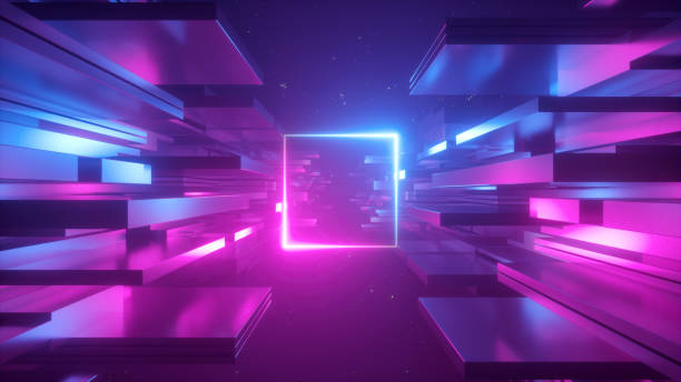 istock 3d render, abstract futuristic background, blue pink neon light, ultraviolet glowing line, blank square frame, copy space, cosmos. 1207470587