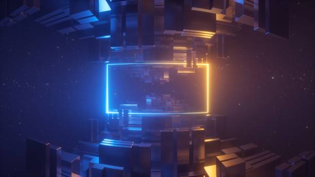 istock 3d render, abstract geometric background, blue yellow neon light, glowing line, blank horizontal rectangular frame, copy space, cosmos. Futuristic concept 1207470604