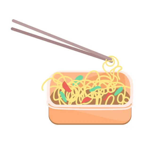 Photo of Noodles with chopsticks cartoon vector illustration. Instant food in plastic container flat color object. Takeaway dinner. Convenient product. Homemade pasta isolated on white background