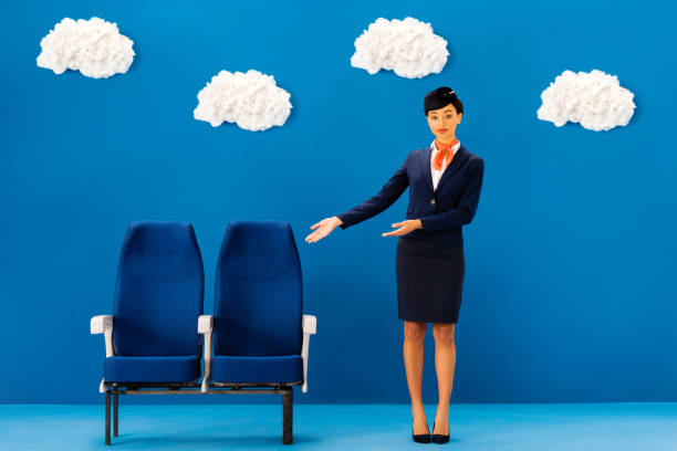 istock african american flight attendant pointing with hands at seats on blue background with clouds 1207472170