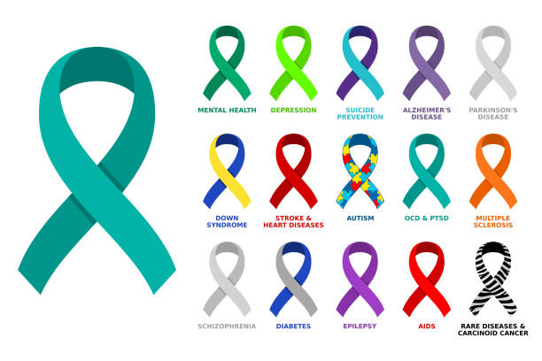 Different colored awareness ribbon collection. Mental health, heart attack, aids etc. awareness. Set of colorful awareness ribbons regarding mental health,heart diseases,autism,PTSD and other conditions and disorders. Vector illustration, flat style. suicide stock illustrations