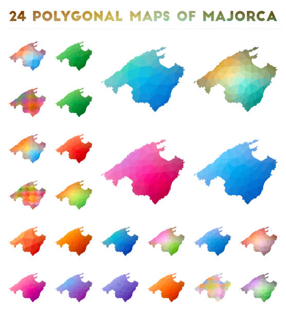 ilustraciones, imágenes clip art, dibujos animados e iconos de stock de conjunto de mapas poligonales vectoriales de mallorca. - mallorca
