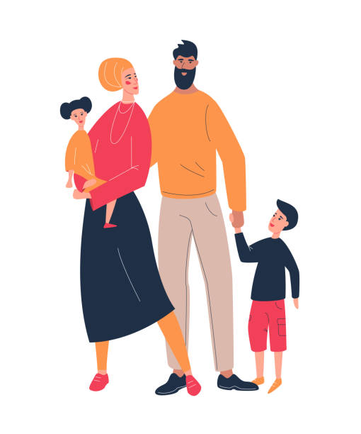 Muslim family with kids. People in traditional clothing, woman in hijab. Vector illustration Muslim family, happy people with kids. Arab or asian man and woman in islamic hijab clothing vector illustration. hari raya family stock illustrations
