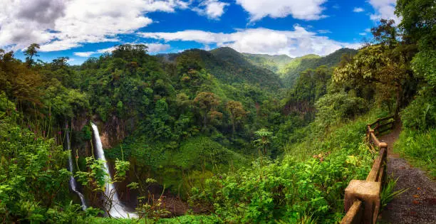 Panorama of the Catarata del Toro waterfall in Costa Rica with surrounding mountains. This waterfall is located in Juan Castro Blanco National Park on the Toro Amarillo River and is 90m high.