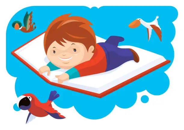 Vector illustration of kid flying with big book