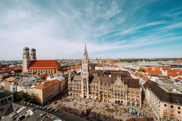 Marienplatz square with New Town Hall and Frauenkirche (Cathedral of Our Lady). Panorama of Marienplatz square with New Town Hall and Frauenkirche (Cathedral of Our Lady). munich photos stock pictures, royalty-free photos & images