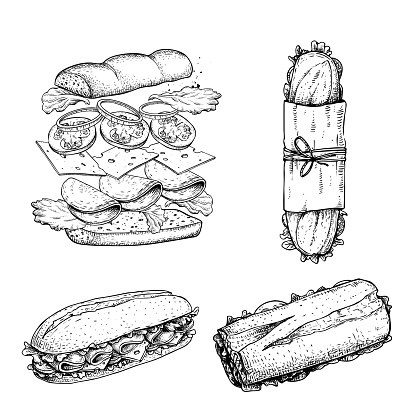 Hand drawn sketch sandwiches set. Submarine type sandwiches. Top and perspective view. Sandwich constructor. Flying ingredients. Fast food restaurant menu. Vector illustration. EPS10 + JPEG preview.