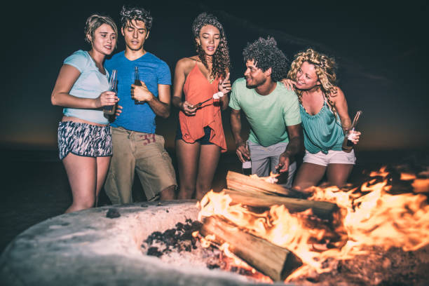istock Group of friends having fun on the beach making a bonefire 1207479449