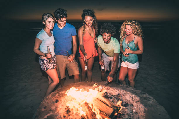 istock Group of friends having fun on the beach making a bonefire 1207479776