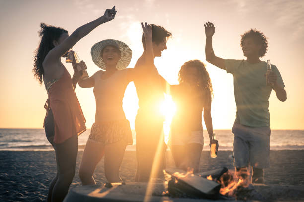 istock Group of friends having fun on the beach making a bonefire 1207480762