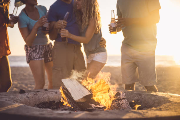 istock Group of friends having fun on the beach making a bonefire 1207480882