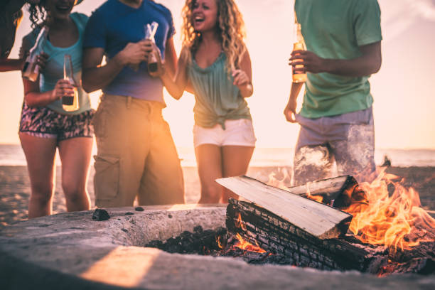 istock Group of friends having fun on the beach making a bonefire 1207480991