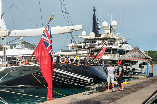 English Harbour, Antigua and Barbuda - December 18, 2018: The Red Ensign or 