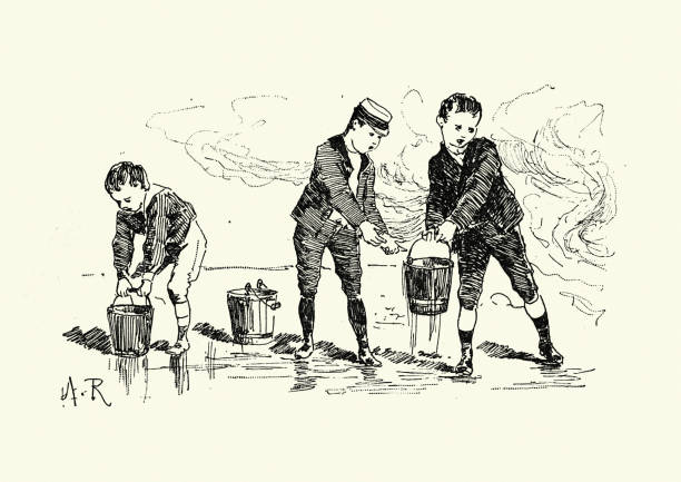 서로 물 양동이를 전달하는 소년들 - fire bucket stock illustrations
