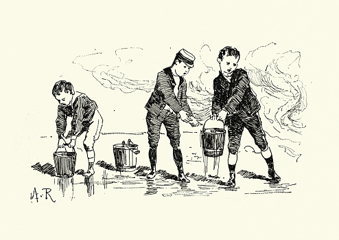 Vintage engraving of Boys passing buckets of water to each other, trying to put a fire out. Autour d'un bateau, by Cheron de la Bruyere, 1893
