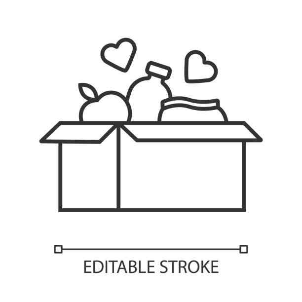 Food donations linear icon. Charity food collection. Box with meal, hearts. Humanitarian volunteer activity. Thin line illustration. Contour symbol. Vector isolated outline drawing. Editable stroke Food donations linear icon. Charity food collection. Box with meal, hearts. Humanitarian volunteer activity. Thin line illustration. Contour symbol. Vector isolated outline drawing. Editable stroke package illustrations stock illustrations