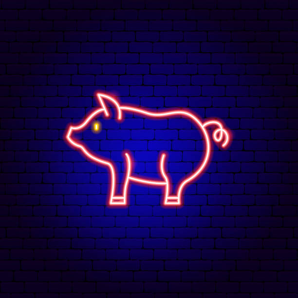 pig wieprzowy neon znak - pig roasted barbecue grill barbecue stock illustrations