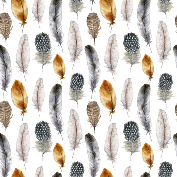 istock Watercolor easter bird feather seamless pattern. Hand painted orange, blue, striped and polka dot feathers isolated on white background. Wildlife illustration for design, print, fabric or background. 1207486680