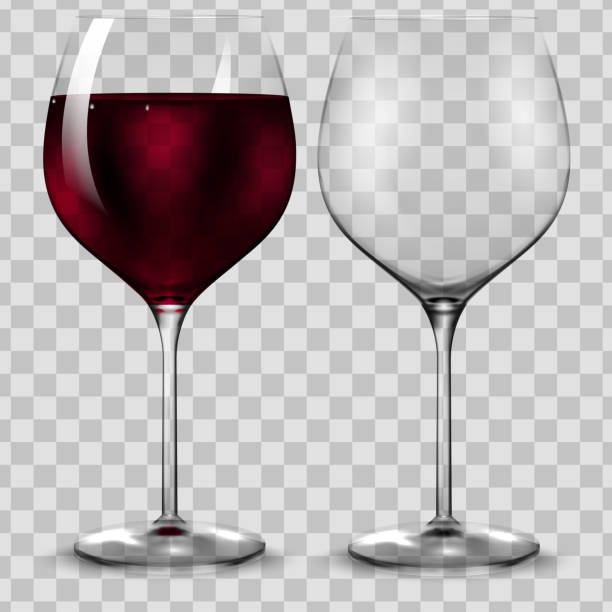 leeres und vollständiges transparenz-rotweinglas. vektor. - spilling wine glass drink stock-grafiken, -clipart, -cartoons und -symbole