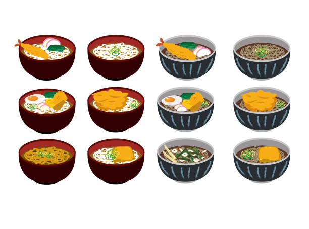 японская еда удон и соба - buckwheat stock illustrations