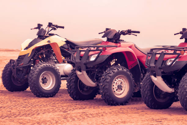 흐린 날 사막에 서있는 현대 의 다색 전지형 차량의 측면 보기 - off road vehicle quadbike motocross desert 뉴스 사진 이미지