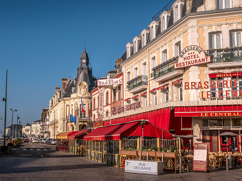 Trouville, France - January 21, 2020: cityscape of Trouville-sur-mer, depicitng some buildings, restaurants and street