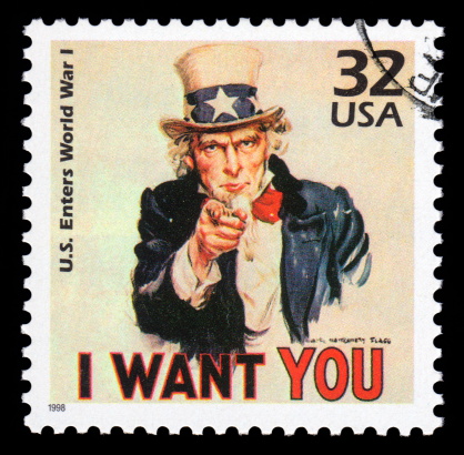 USA vintage postage stamp showing an image of Uncle Sam from World War One  saying 'I want you'