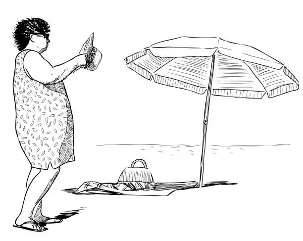 Vector illustration of Sketch of elderly woman on a beach holiday by the sea