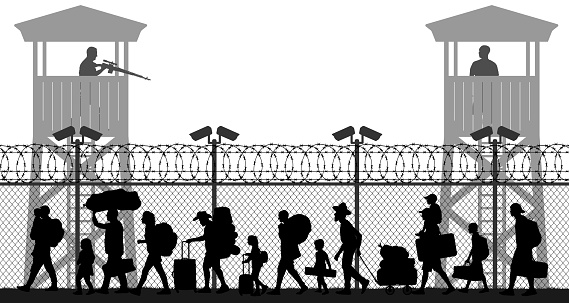 Group of walking refugees. Crowd migration. People behind barbed wire. State border checkpoint. Silhouette vector illustration