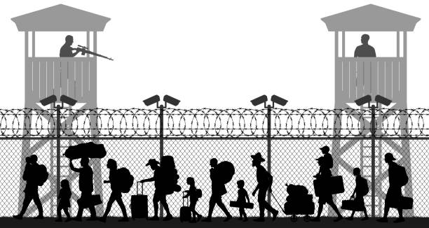 Group of walking refugees. Crowd migration. People behind barbed wire. State border checkpoint. Silhouette vector illustration Group of walking refugees. Crowd migration. People behind barbed wire. State border checkpoint. Silhouette vector illustration crowd of people borders stock illustrations