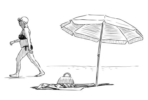 Vector illustration of Sketch of senior woman walking along the seashore while sunbathing