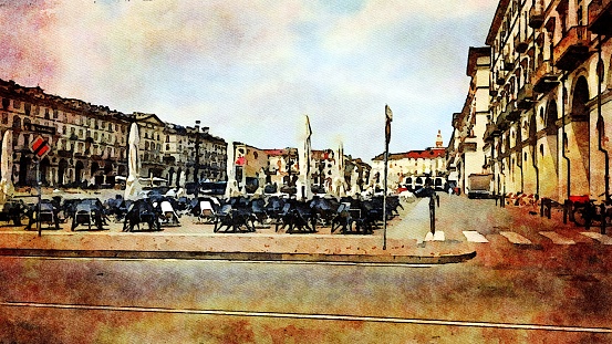 Watercolor representing one of the squares of Turin in Italy