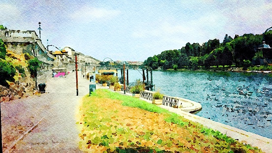 Watercolor representing a glimpse of the walk along the Turin river in Italy