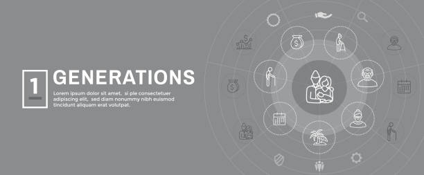 Generations and Aging Web Header Banner and Icon Set Generations Aging Web Header Banner and Icon Set gen-x-icon stock illustrations